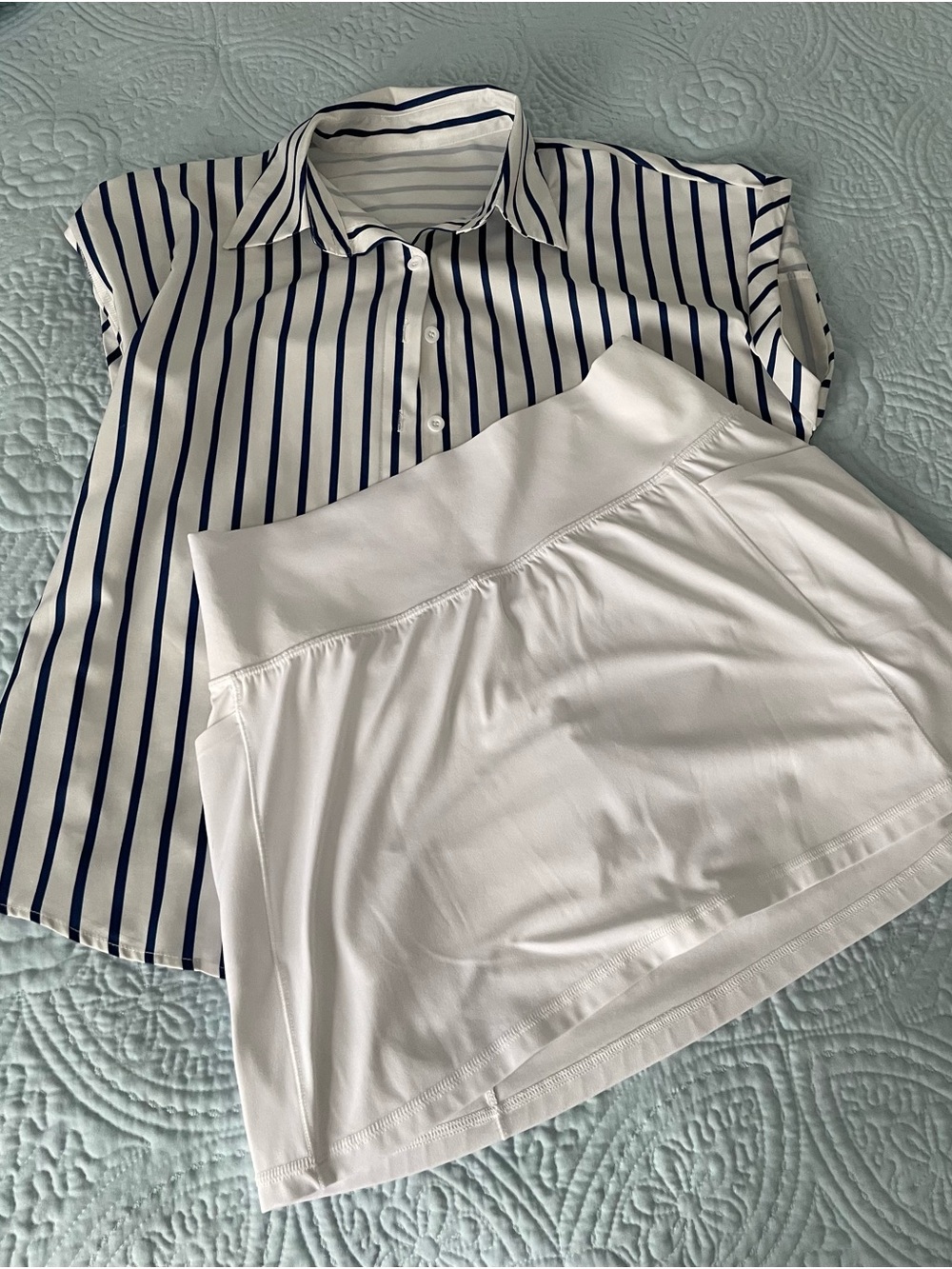 Woman’s mini white skort & Navy Striped Button-Front Shirt